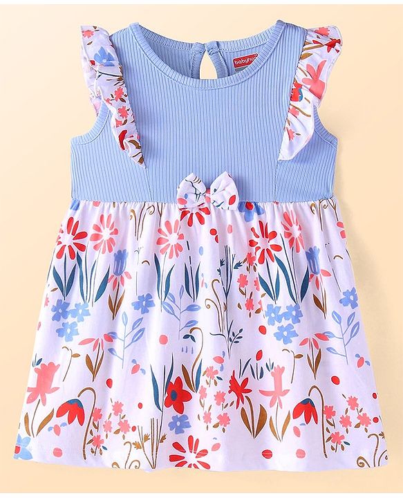 Babyhug Single Jersey Knit Half Sleeves Frill Detailing Floral Printed  Frock with Bloomer - Light Blue
