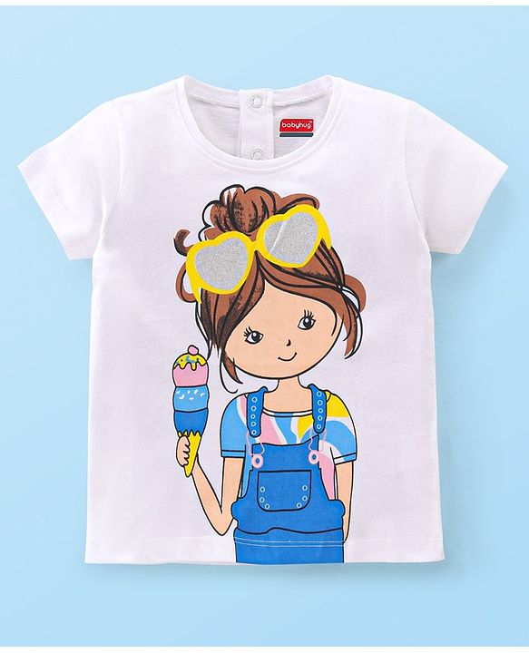 Babyhug Cotton Knit Half Sleeves T-Shirt with Graphics & Glitter Detailing - White