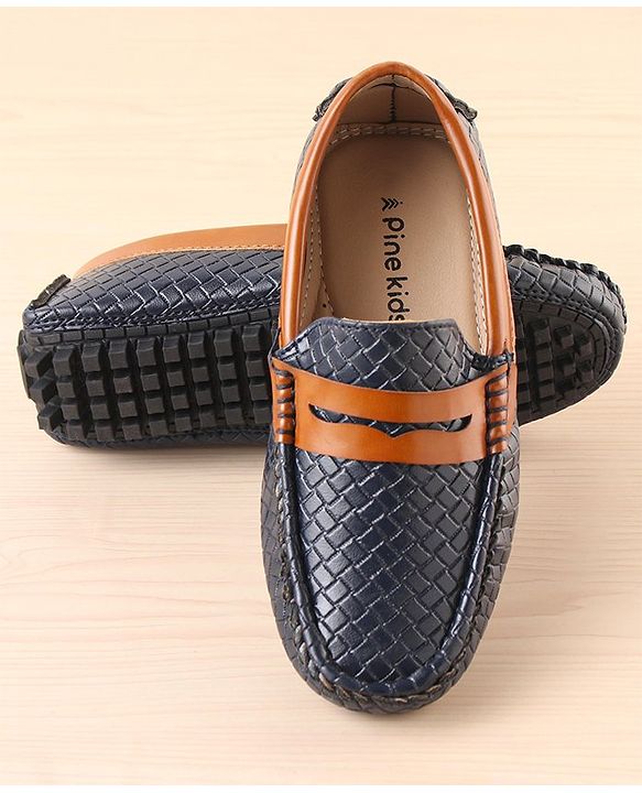 Pine Kids Round Toe Party Wear Textured Loafers with Cushioned Footbed - Navy Blue