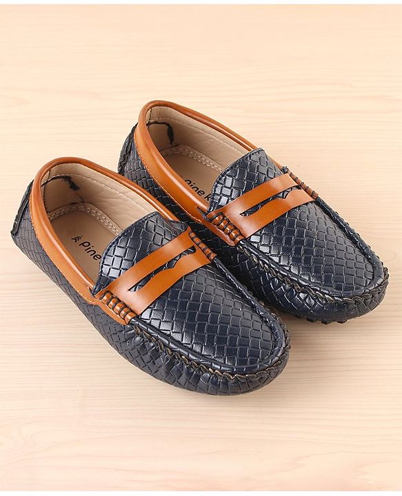 Pine Kids Round Toe Party Wear Textured Loafers with Cushioned Footbed - Navy Blue