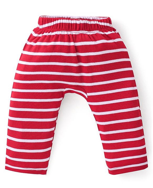Babyhug Cotton Interlock  Knit Full Length Diaper Pants Stripes & Car Print Pack of 3 - Red Yellow & Blue