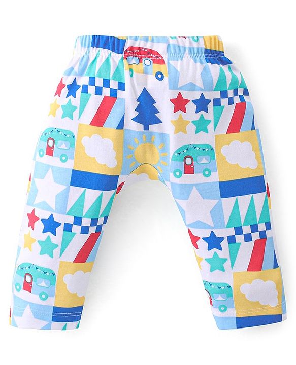 Babyhug Cotton Interlock  Knit Full Length Diaper Pants Stripes & Car Print Pack of 3 - Red Yellow & Blue