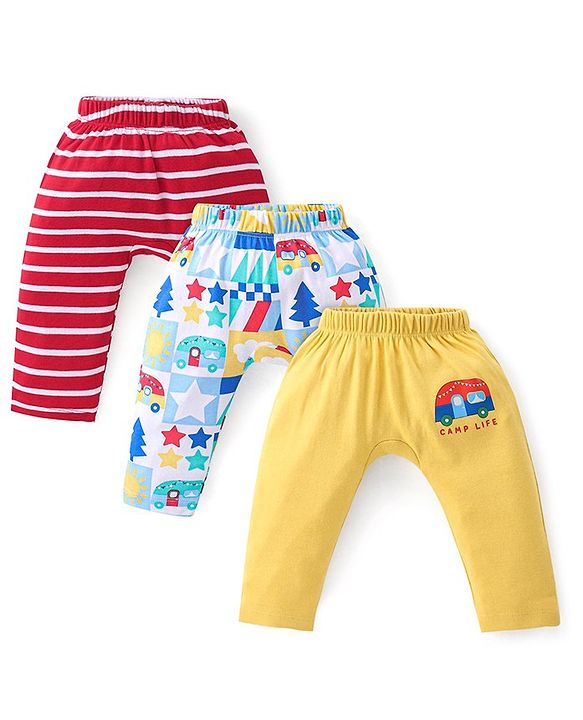 Babyhug Cotton Interlock  Knit Full Length Diaper Pants Stripes & Car Print Pack of 3 - Red Yellow & Blue
