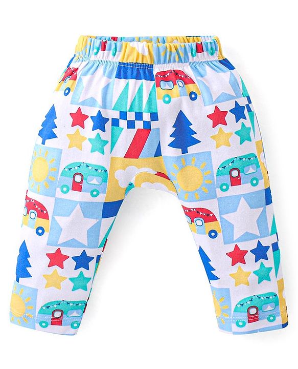 Babyhug Cotton Interlock  Knit Full Length Diaper Pants Stripes & Car Print Pack of 3 - Red Yellow & Blue