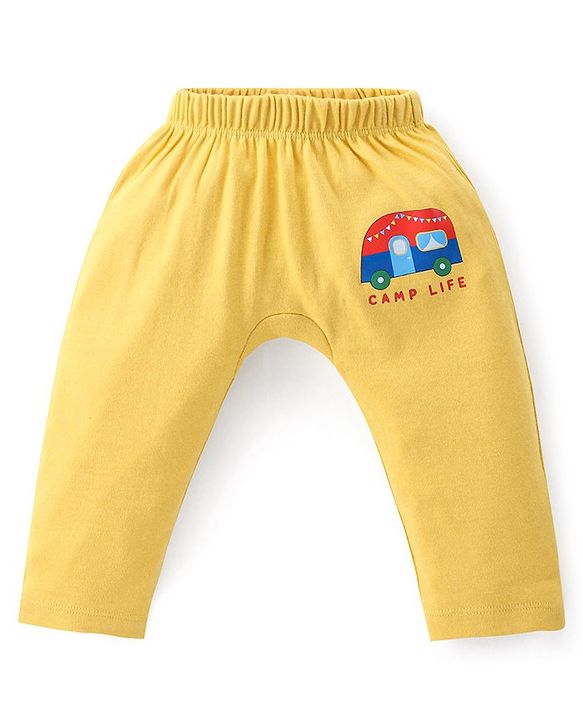 Babyhug Cotton Interlock  Knit Full Length Diaper Pants Stripes & Car Print Pack of 3 - Red Yellow & Blue