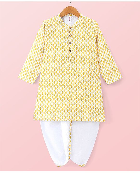 Babyhug 100% Cotton Knit Full Sleeve Kurta & Dhoti Set With Ikat Print - White & Yellow