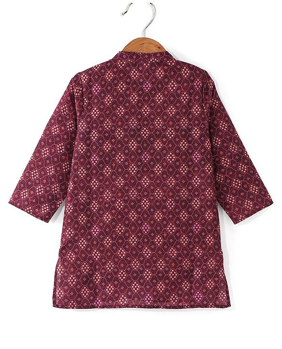 Babyhug 100% Cotton Knit Full Sleeve Kurta & Dhoti Set With Ikat Print - White & Maroon