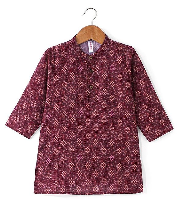 Babyhug 100% Cotton Knit Full Sleeve Kurta & Dhoti Set With Ikat Print - White & Maroon