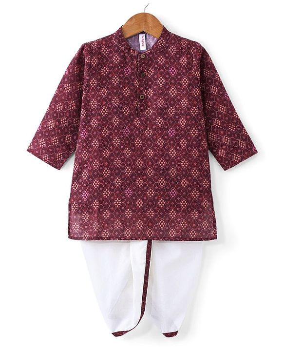 Babyhug 100% Cotton Knit Full Sleeve Kurta & Dhoti Set With Ikat Print - White & Maroon