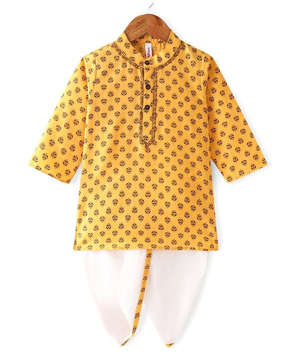Babyhug 100% Cotton Knit Full Sleeve Kurta & Dhoti Set With Floral Print - White & Yellow