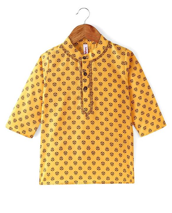 Babyhug 100% Cotton Knit Full Sleeve Kurta & Dhoti Set With Floral Print - White & Yellow