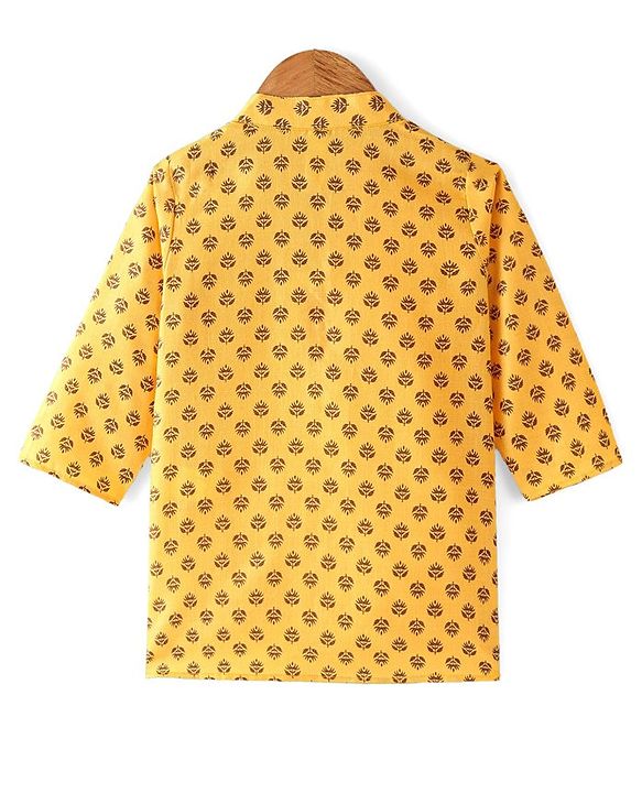 Babyhug 100% Cotton Knit Full Sleeve Kurta & Dhoti Set With Floral Print - White & Yellow