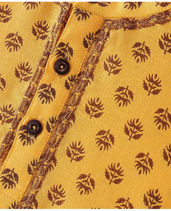 Babyhug 100% Cotton Knit Full Sleeve Kurta & Dhoti Set With Floral Print - White & Yellow