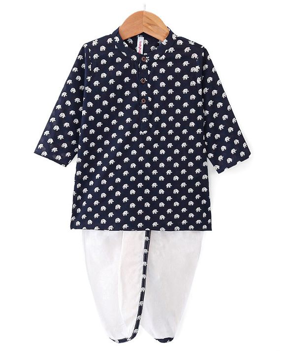Babyhug 100% Cotton Knit Full Sleeve Kurta & Dhoti Set With Elephant Print - White & Navy Blue