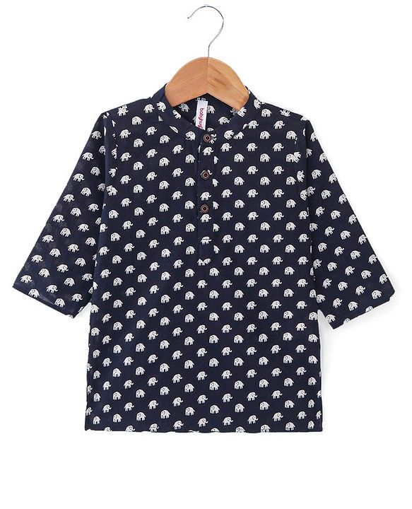 Babyhug 100% Cotton Knit Full Sleeve Kurta & Dhoti Set With Elephant Print - White & Navy Blue