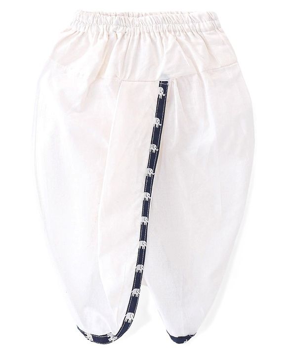 Babyhug 100% Cotton Knit Full Sleeve Kurta & Dhoti Set With Elephant Print - White & Navy Blue