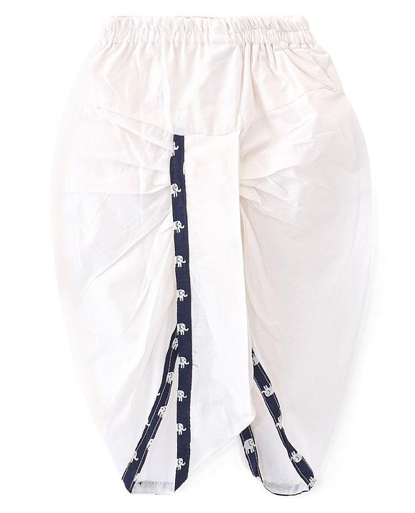 Babyhug 100% Cotton Knit Full Sleeve Kurta & Dhoti Set With Elephant Print - White & Navy Blue