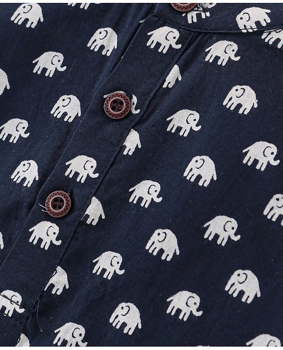 Babyhug 100% Cotton Knit Full Sleeve Kurta & Dhoti Set With Elephant Print - White & Navy Blue