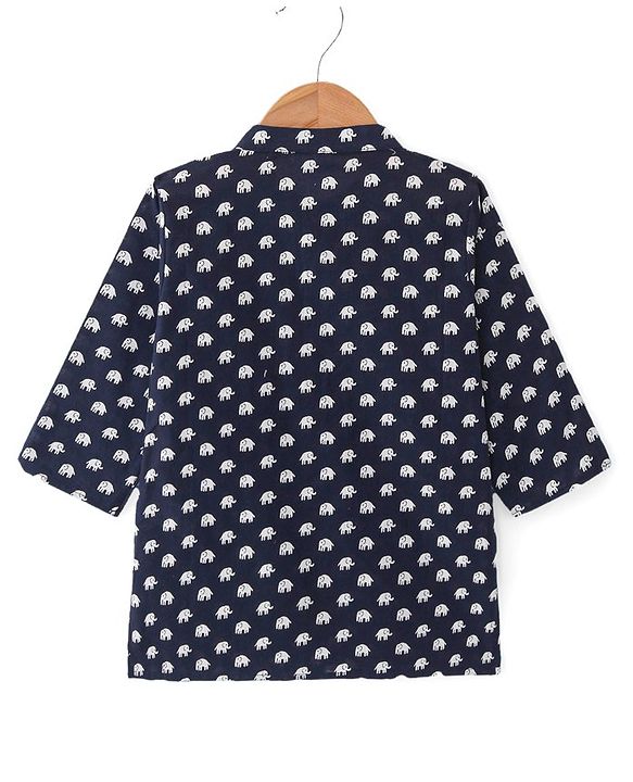 Babyhug 100% Cotton Knit Full Sleeve Kurta & Dhoti Set With Elephant Print - White & Navy Blue
