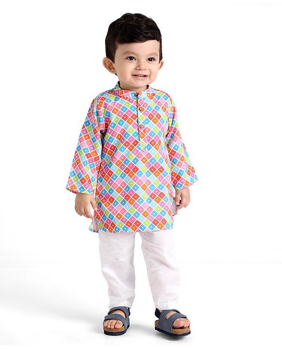 Babyhug Cotton Woven Full Sleeves Square Printed Kurta Pyjama Set -Multicolour