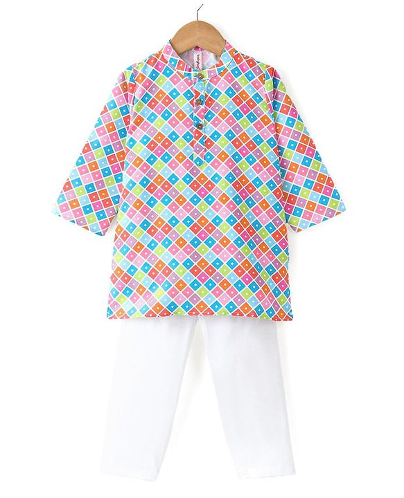 Babyhug Cotton Woven Full Sleeves Square Printed Kurta Pyjama Set -Multicolour