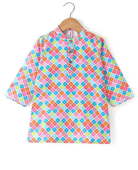 Babyhug Cotton Woven Full Sleeves Square Printed Kurta Pyjama Set -Multicolour