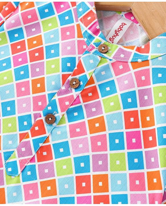 Babyhug Cotton Woven Full Sleeves Square Printed Kurta Pyjama Set -Multicolour