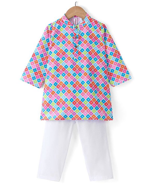 Babyhug Cotton Woven Full Sleeves Square Printed Kurta Pyjama Set -Multicolour