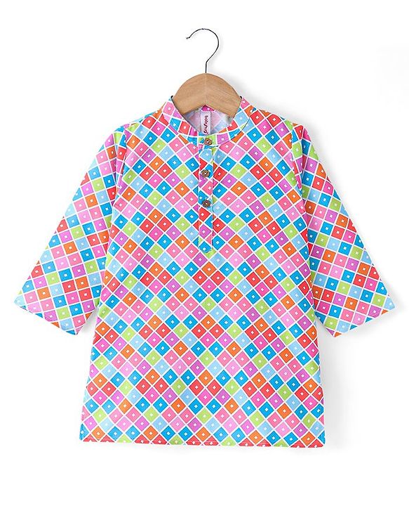 Babyhug Cotton Woven Full Sleeves Square Printed Kurta Pyjama Set -Multicolour