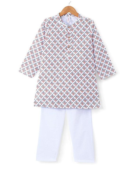 Babyhug 100% Cotton Full Sleeves Kurta & Pyjama Set With Ikat Print - White