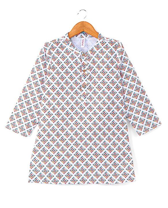 Babyhug 100% Cotton Full Sleeves Kurta & Pyjama Set With Ikat Print - White