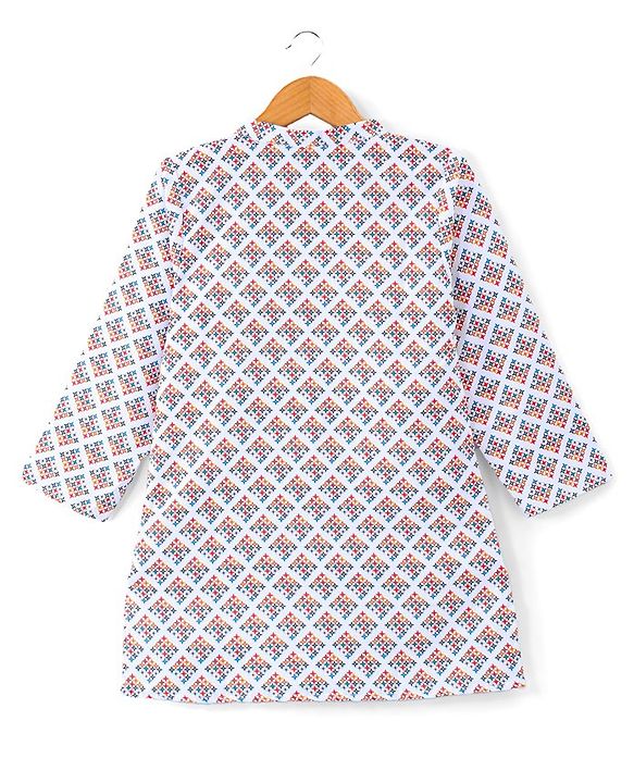 Babyhug 100% Cotton Full Sleeves Kurta & Pyjama Set With Ikat Print - White