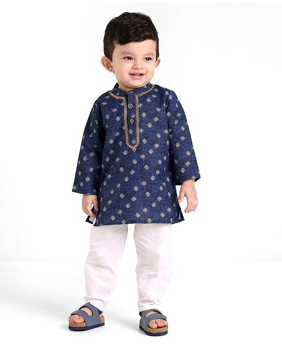 Babyhug 100%  Cotton Woven Full Sleeves Floral Printed Kurta Pyjama Set- Blue