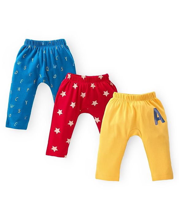 Babyhug 100% Cotton Diaper Legging Alphabet & Star Print Pack of 3 - Red Yellow & Blue