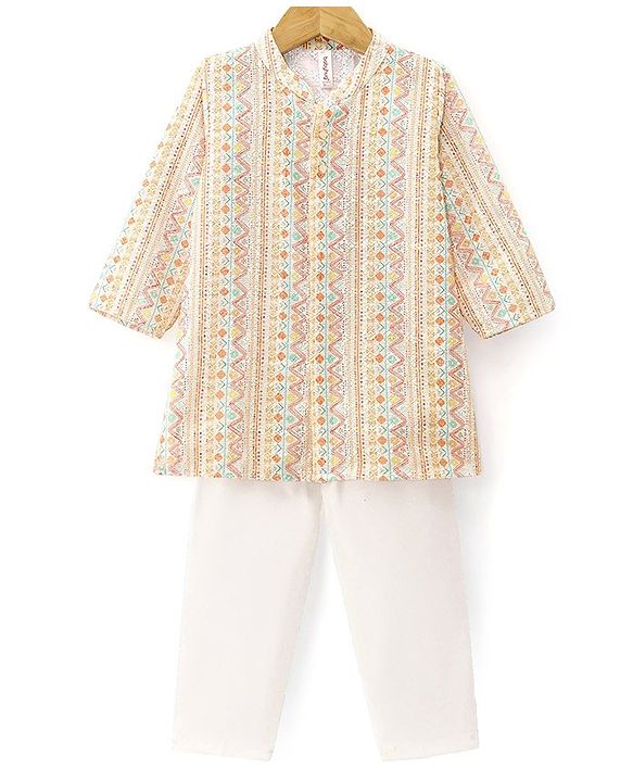 Babyhug 100% Cotton Woven Full Sleeves Diamond Printed Kurta Pyjama Set -Yellow