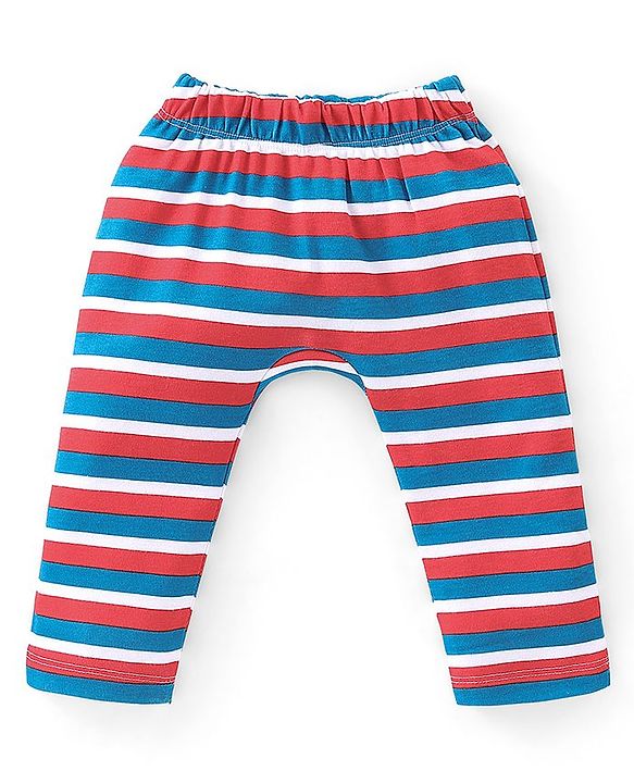 Babyhug Cotton Full Length Diaper Pant Stipes & Numbers Print Pack of 3 - Blue & Red