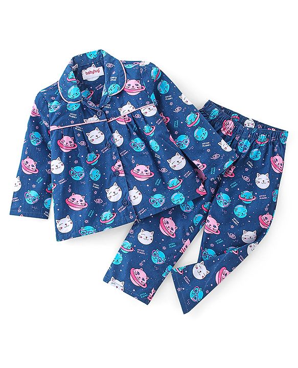 Babyhug Cotton Poplin Woven Full Sleeves Night Suit Kitty Print - Blue