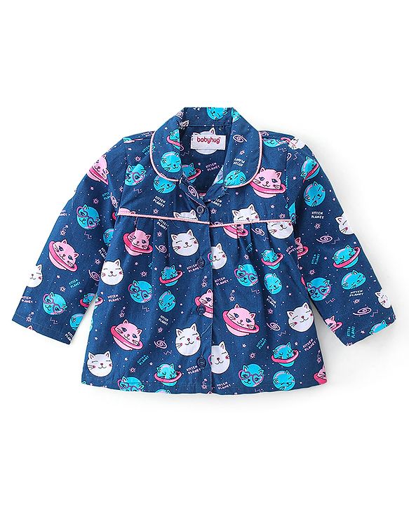 Babyhug Cotton Poplin Woven Full Sleeves Night Suit Kitty Print - Blue