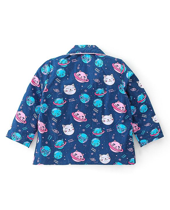 Babyhug Cotton Poplin Woven Full Sleeves Night Suit Kitty Print - Blue