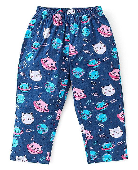 Babyhug Cotton Poplin Woven Full Sleeves Night Suit Kitty Print - Blue