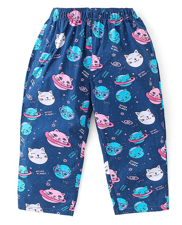 Babyhug Cotton Poplin Woven Full Sleeves Night Suit Kitty Print - Blue