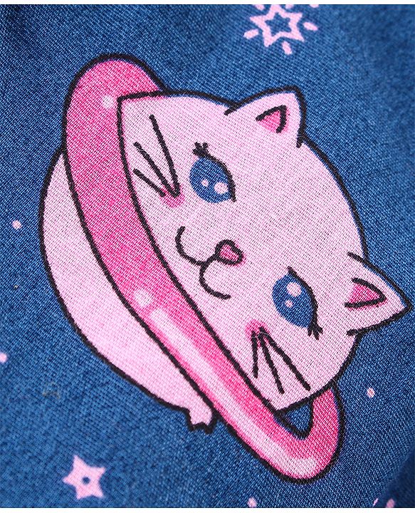 Babyhug Cotton Poplin Woven Full Sleeves Night Suit Kitty Print - Blue