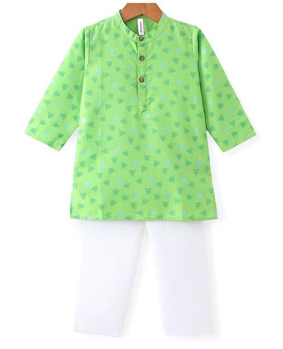 Babyhug Cotton Full Sleeves Kurta & Pyjama Set with Triangle Print- Green