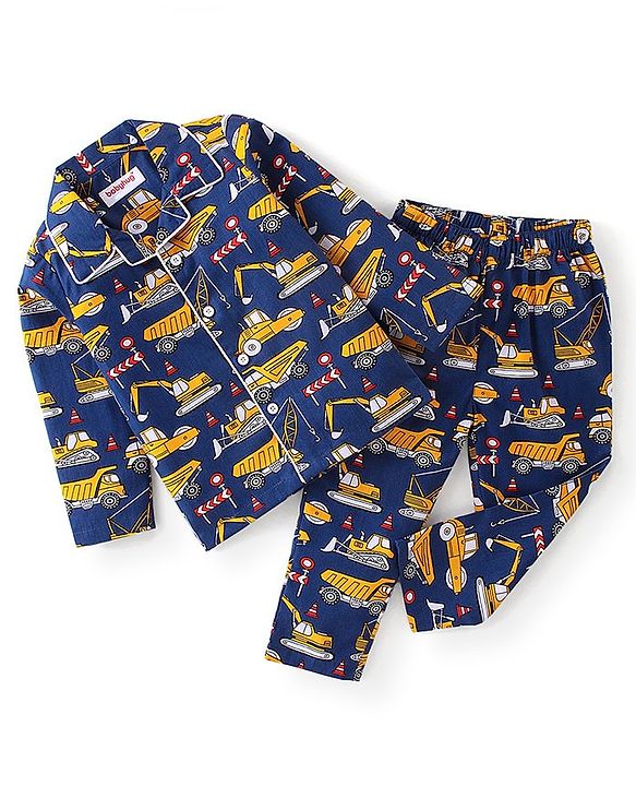 Babhyhug Cotton Woven Full Sleeves Night Suit Construction Vehicle Print - Blue