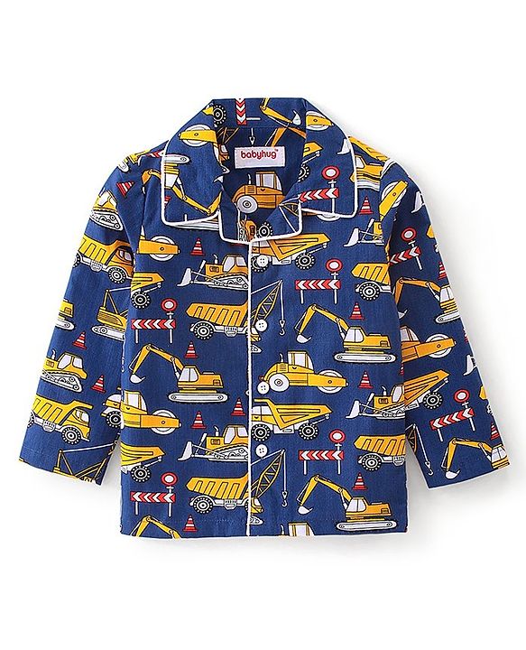 Babhyhug Cotton Woven Full Sleeves Night Suit Construction Vehicle Print - Blue