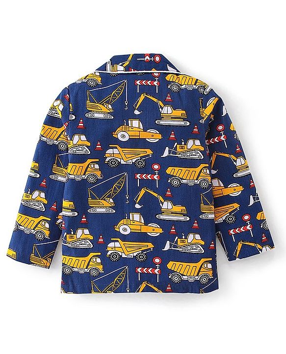 Babhyhug Cotton Woven Full Sleeves Night Suit Construction Vehicle Print - Blue