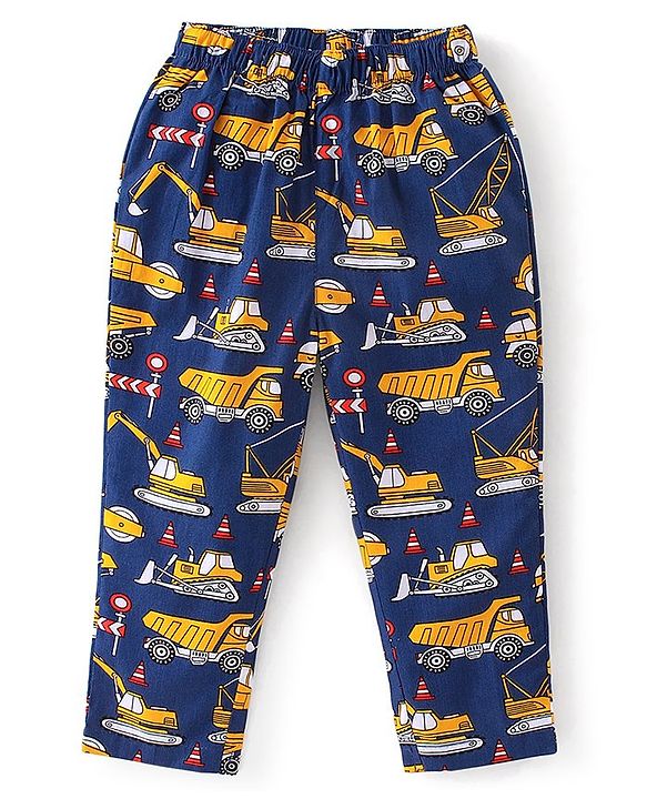 Babhyhug Cotton Woven Full Sleeves Night Suit Construction Vehicle Print - Blue
