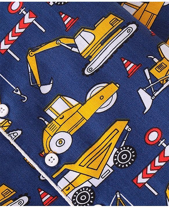 Babhyhug Cotton Woven Full Sleeves Night Suit Construction Vehicle Print - Blue