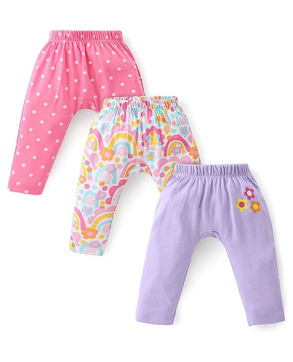 Babyhug Interlock Cotton Knit Full Length Diaper Leggings Solid Dot Floral Print Pack Of 3- Pink Purple & White
