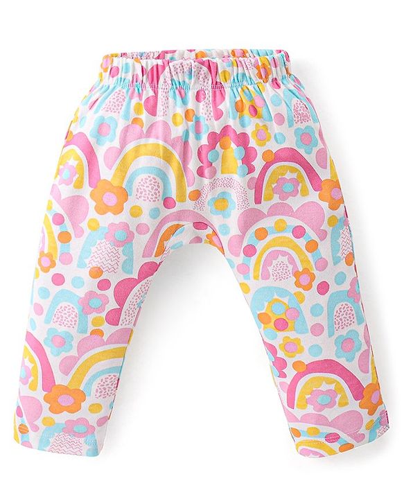 Babyhug Interlock Cotton Knit Full Length Diaper Leggings Solid Dot Floral Print Pack Of 3- Pink Purple & White